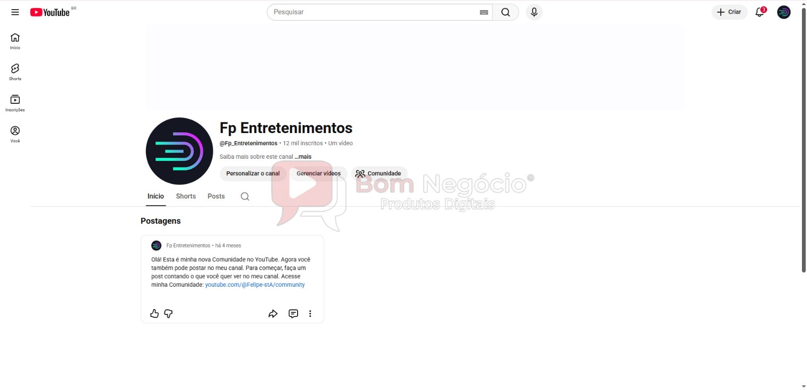 CANAL DO YOUTUBE DE 12K NÃO MONETIZADO - ENTRETENIMENTO (COD-608)