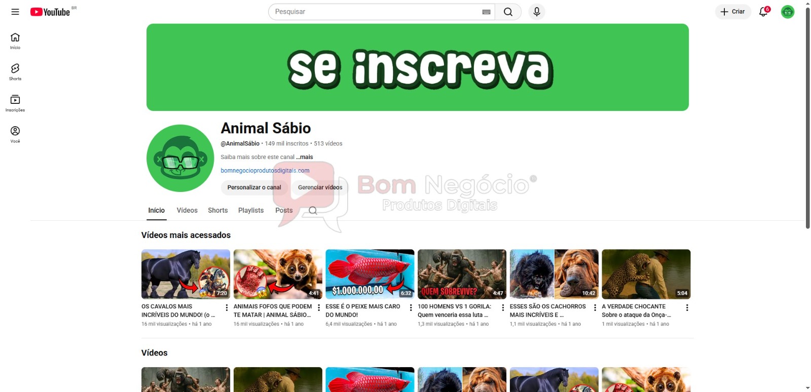 CANAL DO YOUTUBE DE 148K NÃO MONETIZADO - ANIMAIS (COD-513)