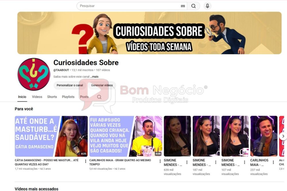 CANAL DO YOUTUBE DE 13K NÃO MONETIZADO - CURIOSIDADES (COD-620)
