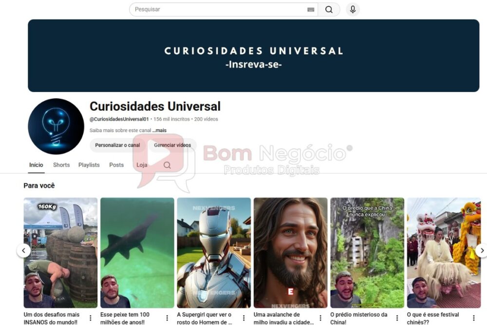 CANAL DO YOUTUBE DE 156K MONETIZADO - CURIOSIDADES (COD-643)