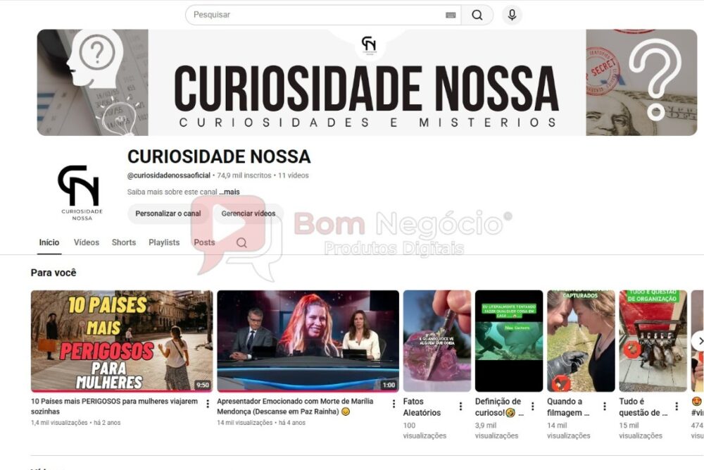 CANAL DO YOUTUBE DE 74K NÃO MONETIZADO - CURIOSIDADES (COD-671)